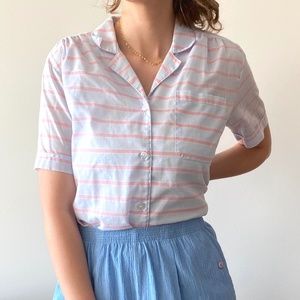 Blue and Pink Pastel Strip Short Sleeve Button Down, S